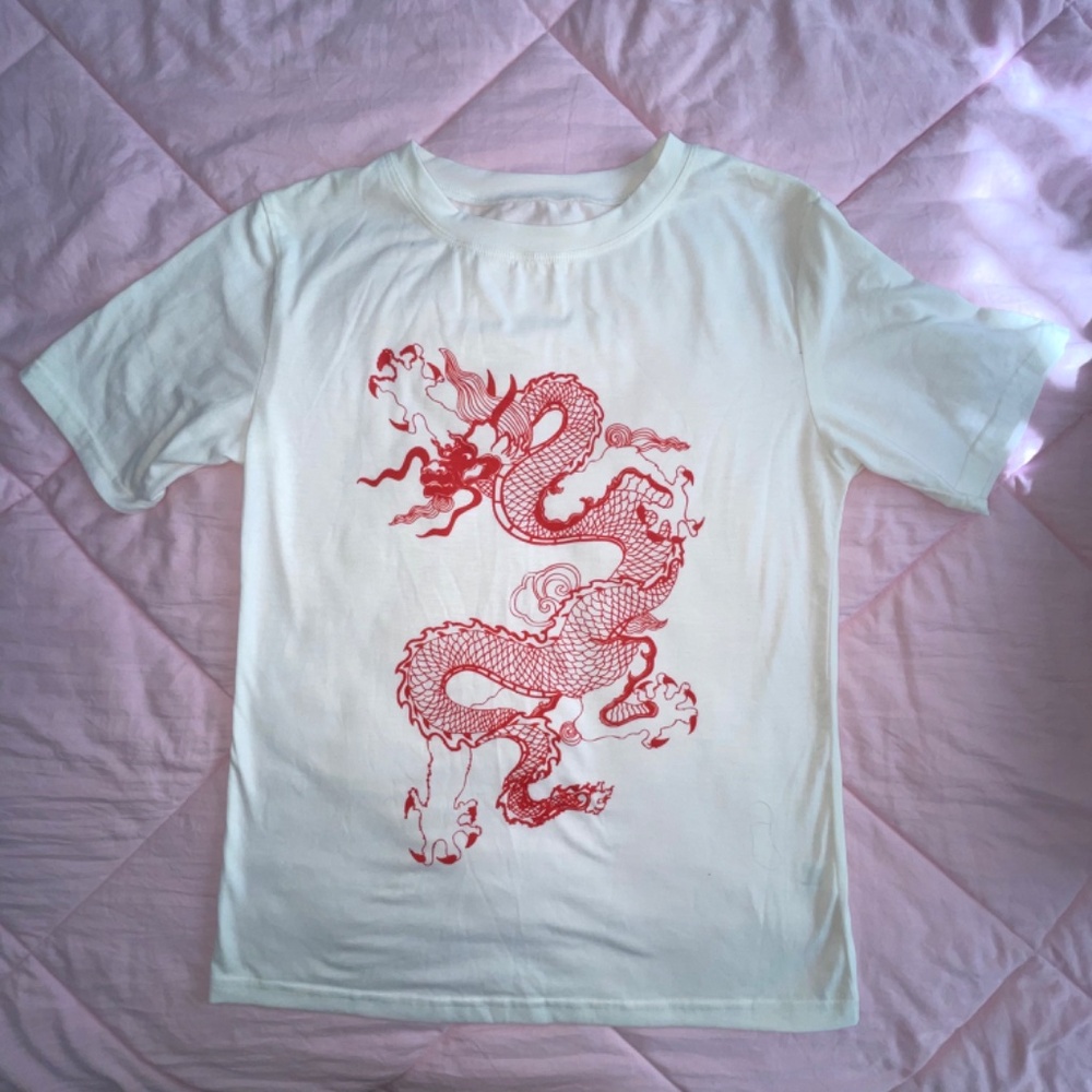 White T-Shirt w/ Red Dragon Print